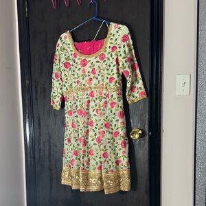 Floral Embroidered Kids Dress - Pink and Gold